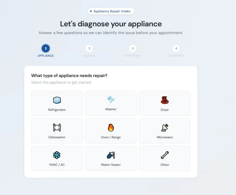 AI powered appliance diagnostic web application homepage