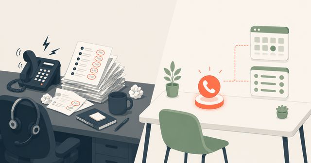 An illustration comparing a busy live answering service desk struggling to keep information organized vs. a fully automated AI receptionist who can answer and handle phone calls seamlessly.