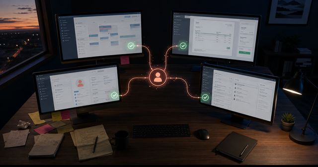 Illustration of data being shared across data systems automatically using workflow automation and AI integration