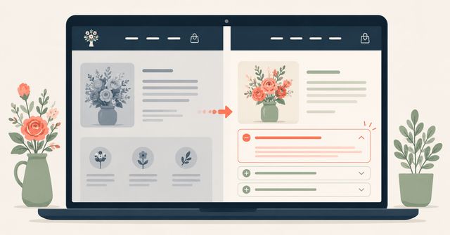 A side-by-side illustration of a San Diego flower shop webpage before and after implementing answer first FAQ sections to improve their SEO
