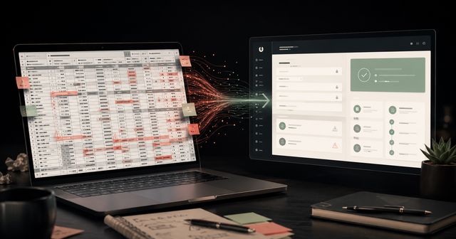 An illustration of a cluttered spreadsheet being synthsized into a clean, automated system
