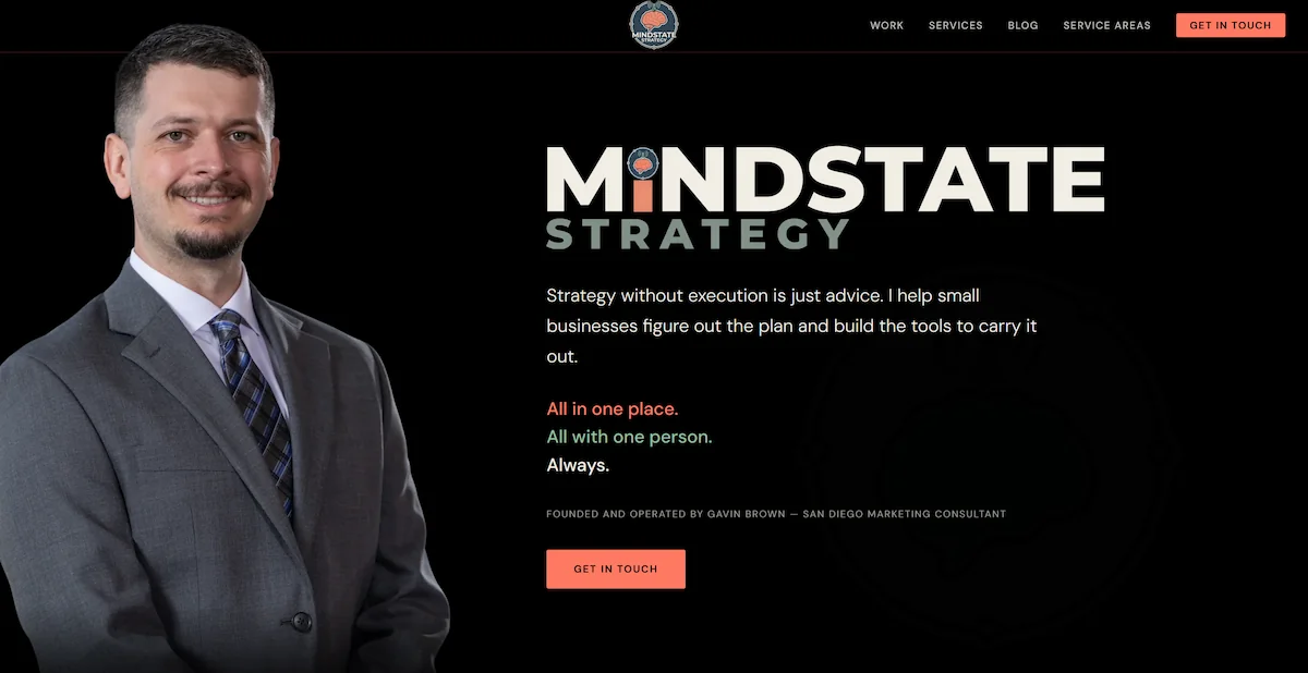 Mindstate Strategy homepage, hand-coded in HTML CSS and JavaScript